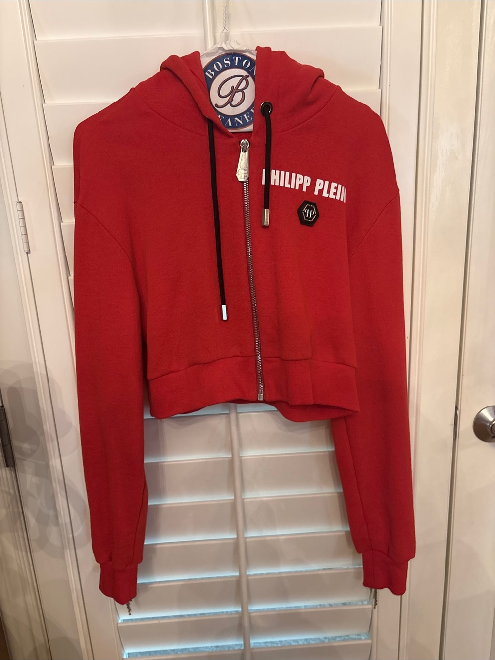 Philipp Plein Red Cropped Bomber Hoodie Jacket